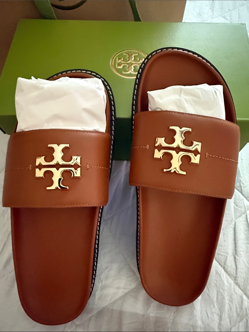 Tory Burch Brown Leather Slide Sandals with Gold Logo - Picture 7 of 10